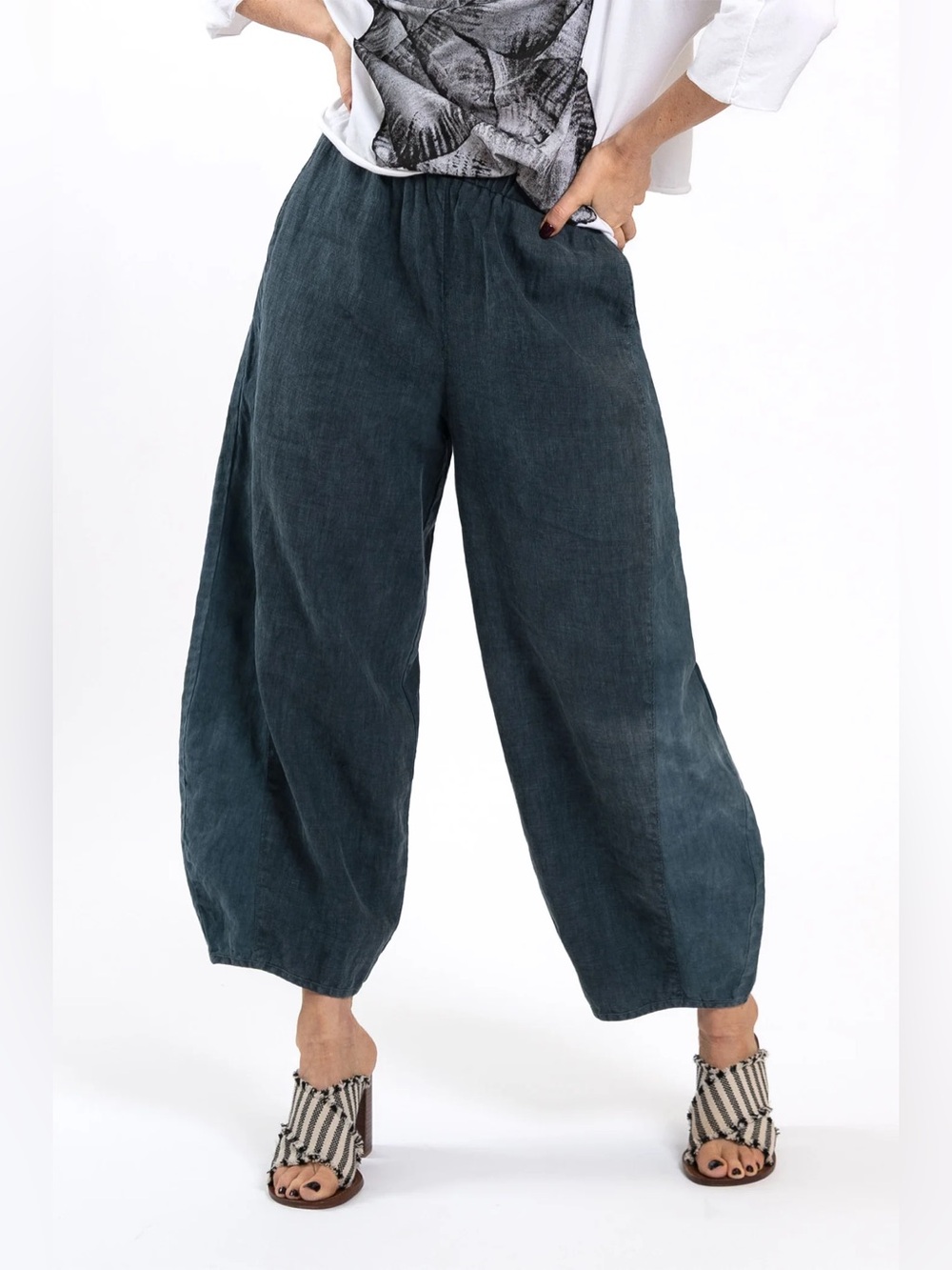 Cynthia Ashby Two Tone Linen Blue Elastic Waist Barrel Leg Baggy Pants Small